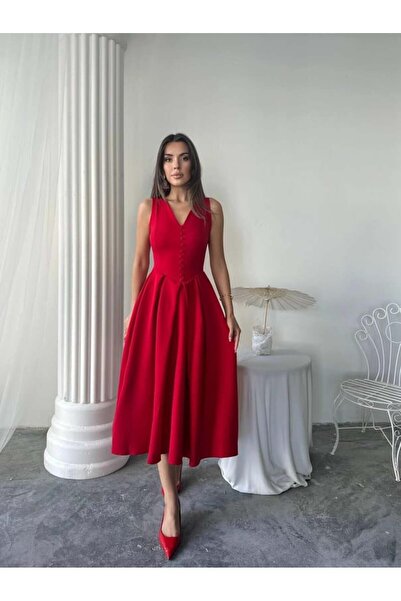 EtikaOnline Kadın Pileli Düğme Detay Midi Atlas Elbise