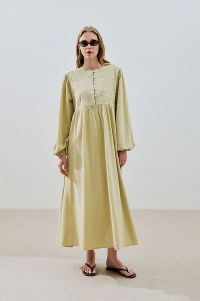 Manuka Textured Embroidery Detailed Dress Soft Green
