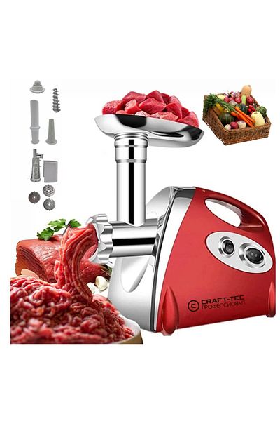 Craft-Tec Professional Electric Mincer 3800W, 3 Screens, 2KG/min, Meat, Tomato and Sausage Accessories
