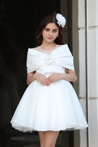 MİSS RAİN Off-Shoulder Bow and Stone Pleated Satin Girl's Evening Dress - Accessory Gift