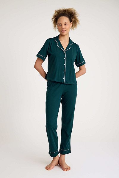 Dennis Denise Cotton Emerald White Piping Buttoned Women's Pajama Set