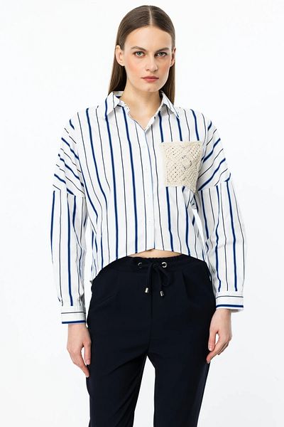 On Fashion On Pocket Lace Detailed Striped Cotton Shirt-56530