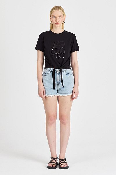 odelon Women's Black T-Shirt with Tie Detail