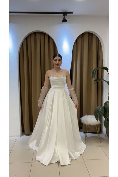 SUNAYBUTİK BEYAZ STRAPLEZ ELDİVENLİ ABİYE