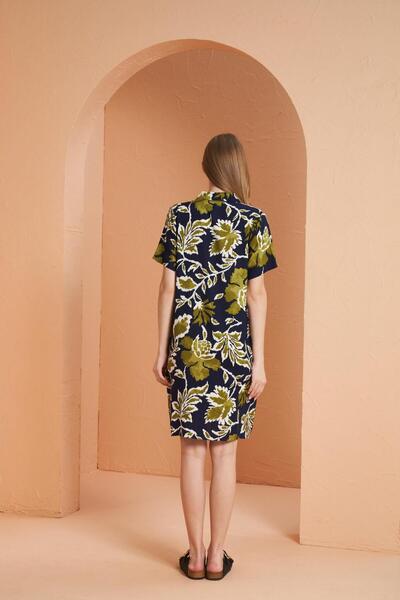 PJS Women's Floral Pattern Button Collar Short Sleeve Viscose Dress