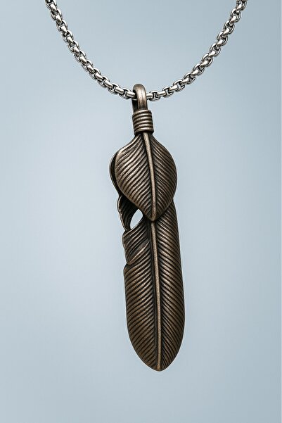 voyageaccessory Antique Tumbled Stainless Steel Feather Pendant