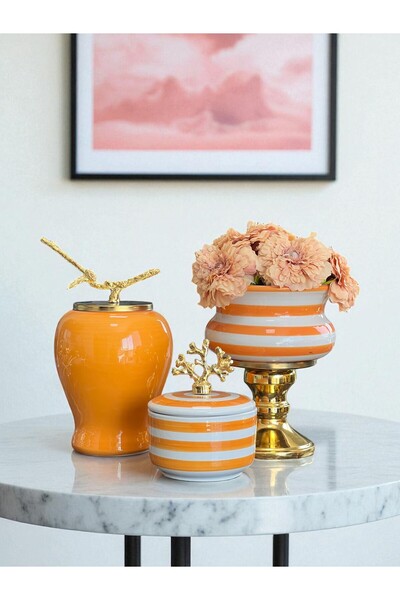 ferayhome Dekoratif Obje Salon Seti Soft Sarı Zebra Ayaklı Saksı Soft Sarı Şa...