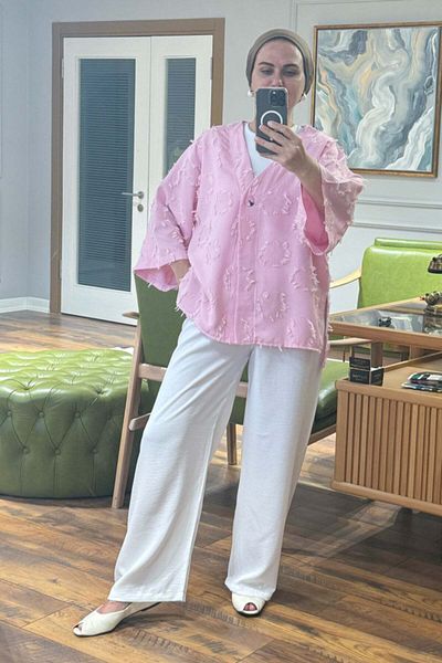Hatun Atila Textured V-Neck Single Button Jacket and Wide Leg Pants Two-Piece Suit 8883 - Pink