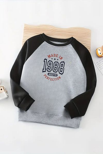 VBSVİBES Unisex Grey-Black Raglan Sweatshirt – Made in 1988 Printed, Long Sleeve
