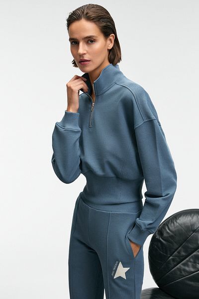 GRIMELANGE Thalia Women's Back Printed and Patch Detailed Zippered Stand Collar Petrol Blue Sweatshirt