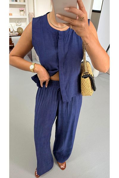 Sezgi Tekin Premium Series Navy Blue Crinkle Vest Trousers Suit