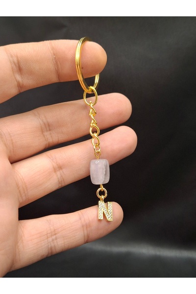 Han Ticarethane Gold Color Stone N Letter Purple Amethyst Stone Keychain Charm