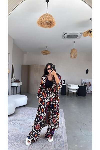 Buket Teke مجموعة بنطلون كيمونو منقوشة عرقية باللون الأسود