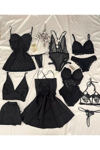 MH Moony Homewears Boxed 11 Piece Tefalle Black Nightgown Underwear Set
