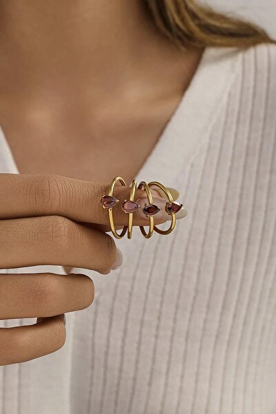 New Obsessions Çelik Damla Zirkon Taşlı Minimal Eklem Yüzük Seti 4 adet