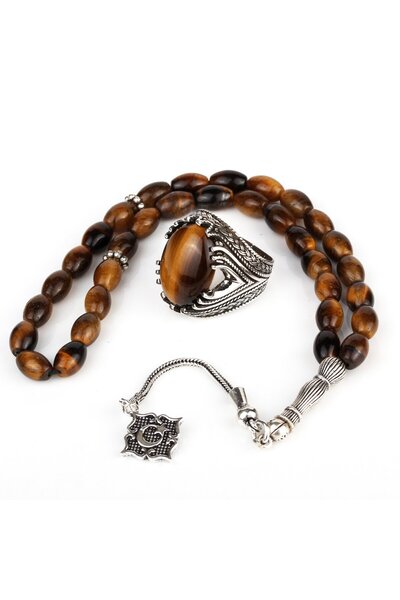 FKGÜMÜŞ 925 Ayar Gümüş Kaplan Gözü Taşlı Erkek Yüzük Ve Tesbih