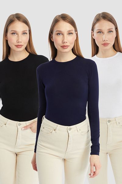 LAENT Women's Navy Blue Black White Round Neck 3-Piece Bodysuit