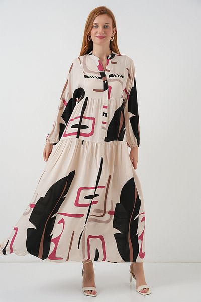 Merterium Rochie lungă hijab cu model pentru damă C.Cream 1155