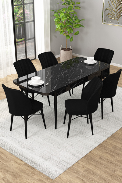 SHOOVVEL Arel Siyah Mermer 80x132 Açılabilir Mdf Masa Yemek Odası Takımı, Mutfak Takımı 6 Adet Sandalye