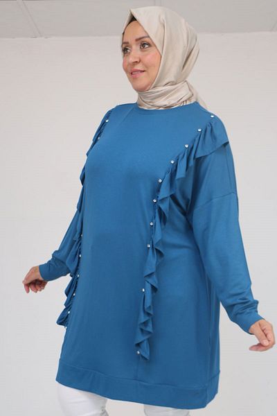 Eslina 58074 Large Size Ruffle and Stone Detailed Combed Cotton Tunic - Petrol
