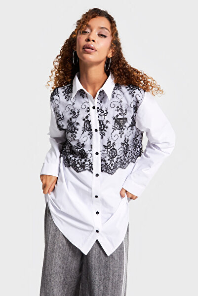 its basic Women's White Color Black Lace Detailed Special Design Shirt