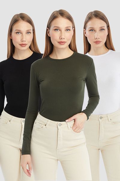 LAENT Women's Khaki Black White Round Neck 3-Piece Bodysuit