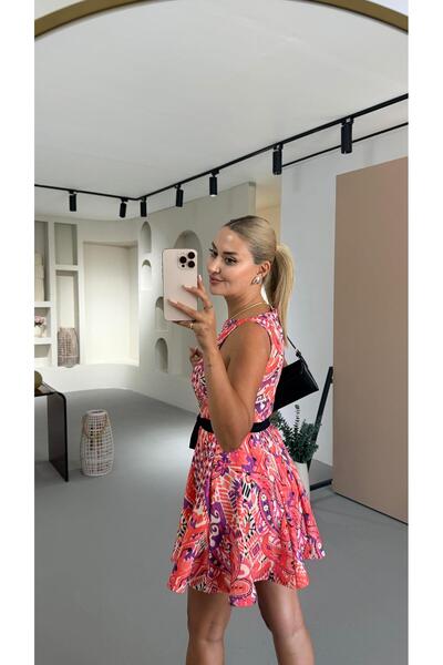 Sezgi Tekin Color Patterned Belt Detail Coral Bell Dress