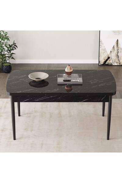 SHOOVVEL Arel Siyah Mermer 80x132 Açılabilir Mdf Masa Yemek Odası Takımı, Mutfak Takımı 6 Adet Sandalye