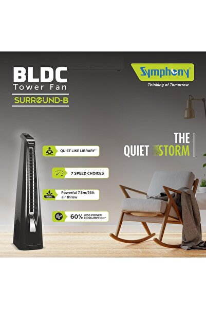 Symphony Surround B - Silent Tower Fan for Home with BLDC Motor - Turbo Throw - Touchscreen Control