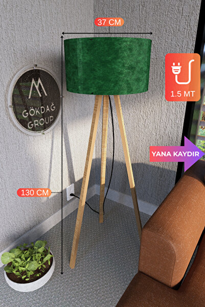 GÖKDAĞ GROUP 3 Ayaklı MEGA BOY Tripod Lambader Abajur Yeşil Kadife Kumaş Başlık