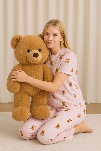 bendengiy Women's Short Sleeve Six Long Soft Textured Crew Neck Pajama Set