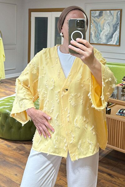 Hatun Atila Textured V-Neck Single Button Jacket and Wide Leg Pants Two-Piece Suit 8883 - Yellow