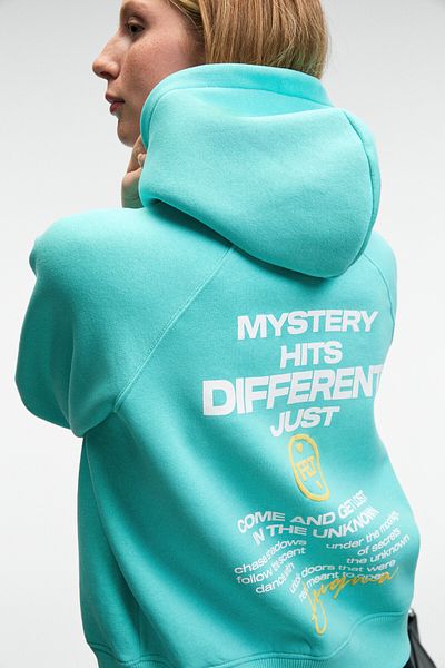 GRIMELANGE Orinque Women's Hooded Print and Embroidery Detailed Oversize Turquoise Sweatshirt