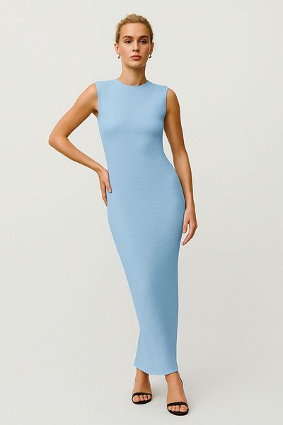 HAKKE Wide neck side gathered zero sleeve seersucker dress