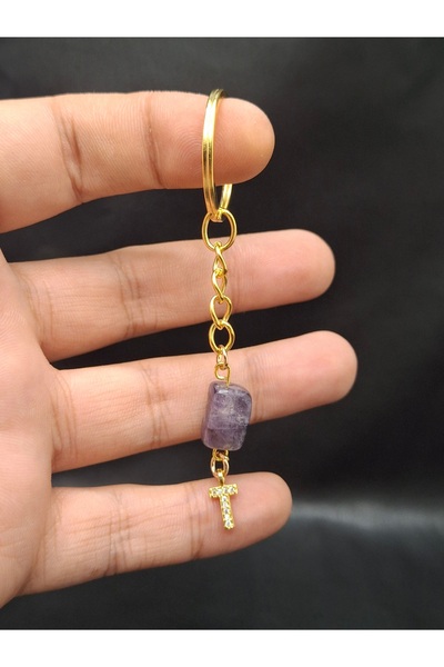 Han Ticarethane Purple Amethyst Stone Keychain Charm with Gold Color Stone t Letter