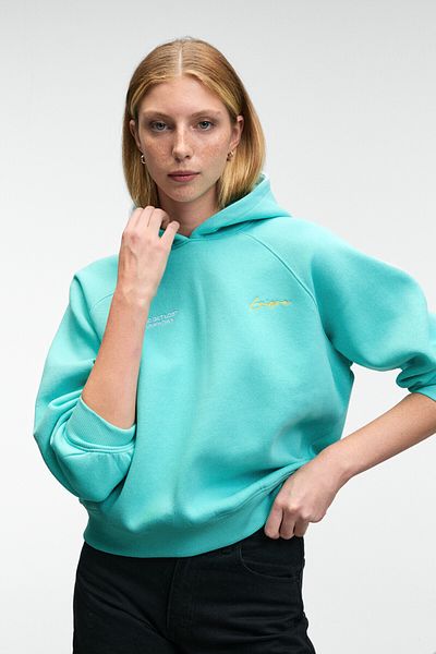 GRIMELANGE Orinque Women's Hooded Print and Embroidery Detailed Oversize Turquoise Sweatshirt