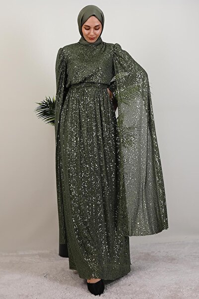 GİYZAMİLA Pul Payet Pelerinli Abiye Haki