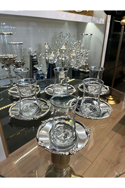 P&ORA PREMIUM KITCHEN PRODUCTS P&ORA GÜLLÜ GÜMÜŞ ÇAY SETİ 6 KİŞİLİK