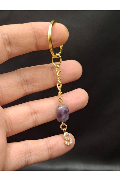 Han Ticarethane Gold Color Stone S Letter Purple Amethyst Stone Keychain Charm