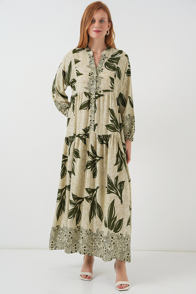 Merterium Women's Patterned Long Hijab Dress E.Green 1155