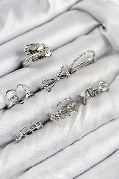 SeyCey.co Brass Zircon Stone Bow and Heart Model Silver Color Women's Ring Combination Set