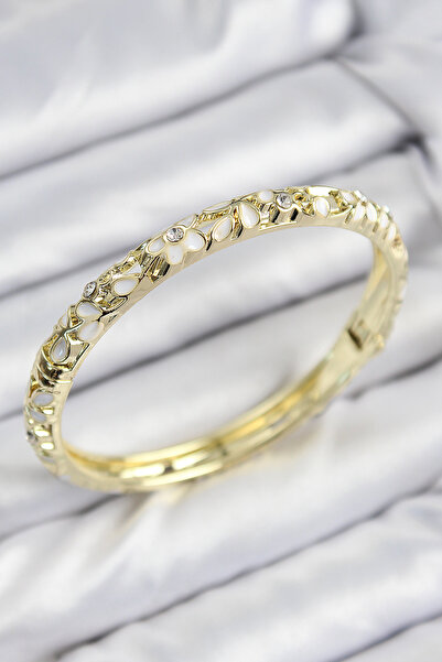 Clariss Mineli Brass Zircon Stone White Flower Motif Gold Women's Handcuffs