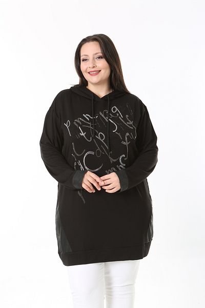 MODA LİZZA Women's Plus Size Stone Printed and Hooded Black Tunic