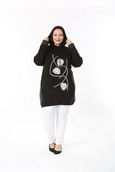 MODA LİZZA Women's Plus Size Stone Printed and Hooded Black Tunic