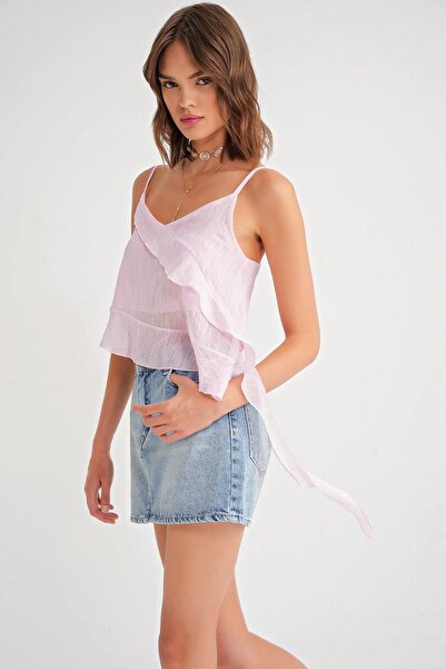 Mixray 4736 Women's Ruffled Strap Blouse Pink