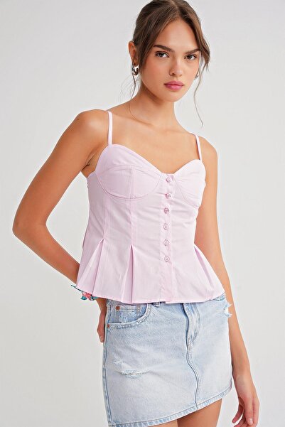 Mixray 4737 Women's Buttoned Cup Pleated Blouse Pink