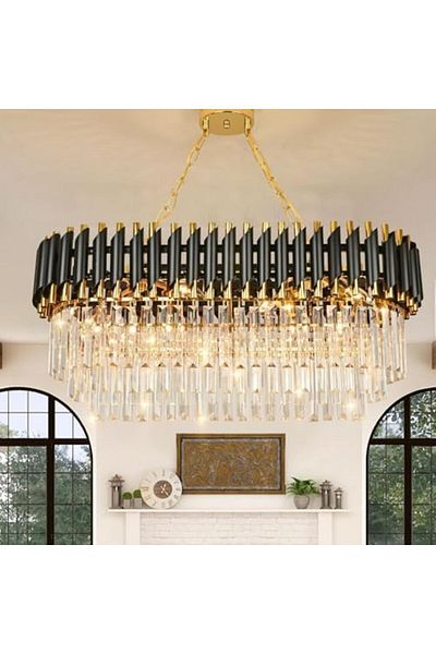 Almiftah Modern Luxury Crystal Pendant Light – Black & Gold 3-Tier Raindrop Chandelier