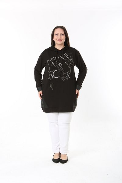 MODA LİZZA Women's Plus Size Stone Printed and Hooded Black Tunic