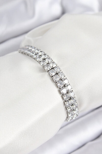 Clariss سوار نسائي من النحاس والزركون ذو صف مزدوج مربع الشكل فضي اللون - BLK-0312