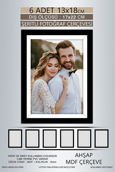 yhfoto 6 Adet 13x18 Çerçeve - Siyah-Beyaz Şeritli Çerçeve - Mdf Çerçeve - Pvc...